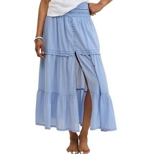NWT Aerie Blue Boho Button Cotton Smocked Waist Tiered Maxi Skirt Size Small
